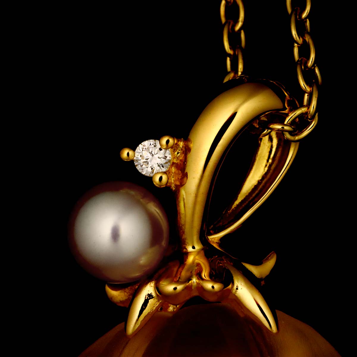 Quartz Baby Pearl Diamond 0.01ct Necklace 18K YG 750