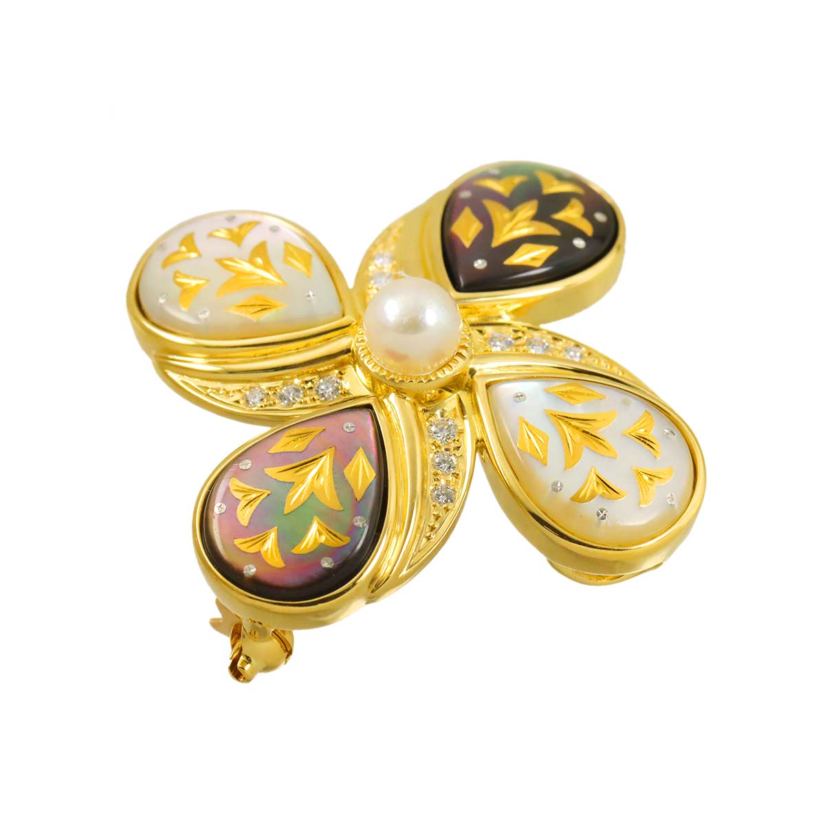 Pique MOP Akoya Pearl 5.3mm Diamond Brooch 18K YG 750