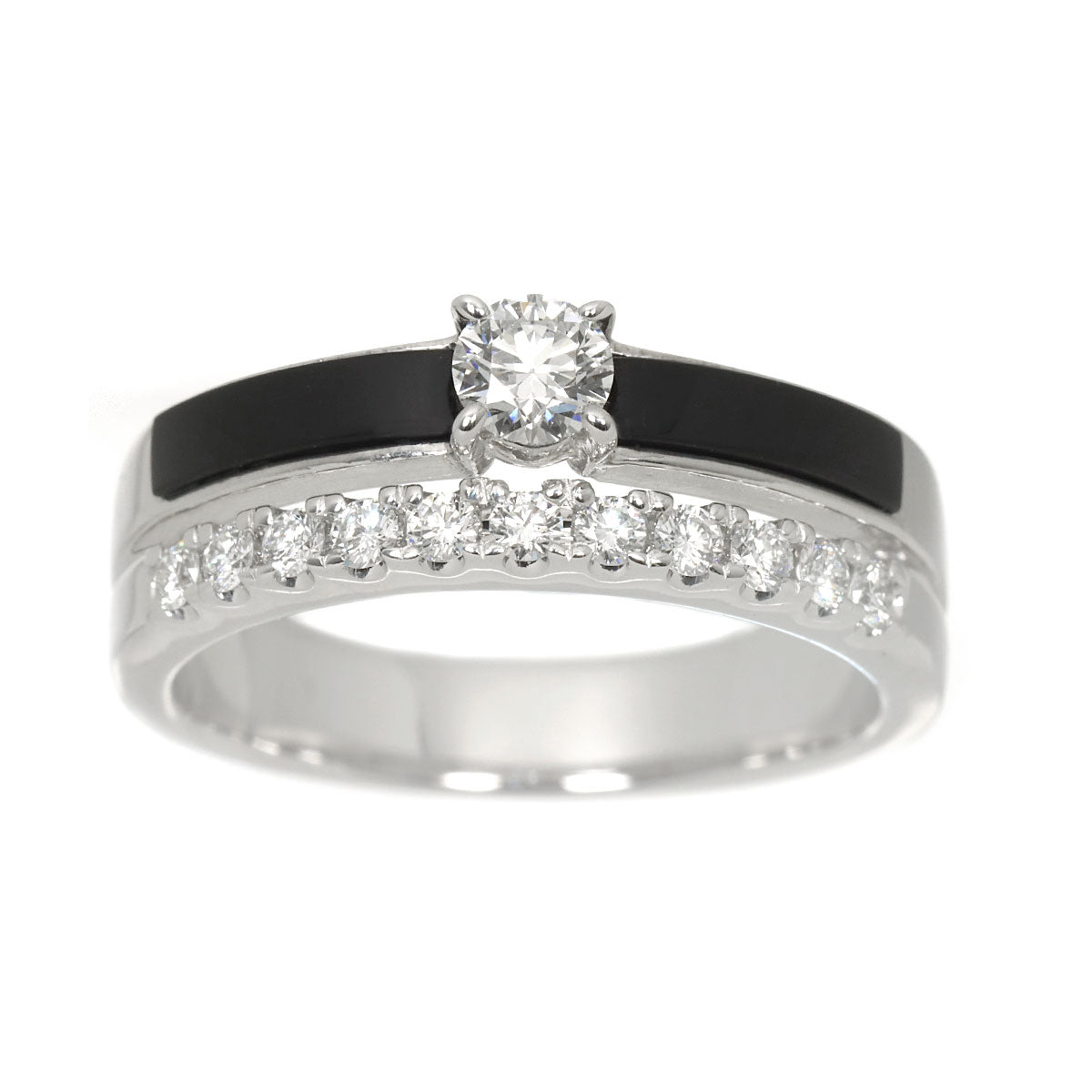 Diamond 0.26ct/0.25ct Onyx Ring 18K WG 750 Size7.75-8(US)