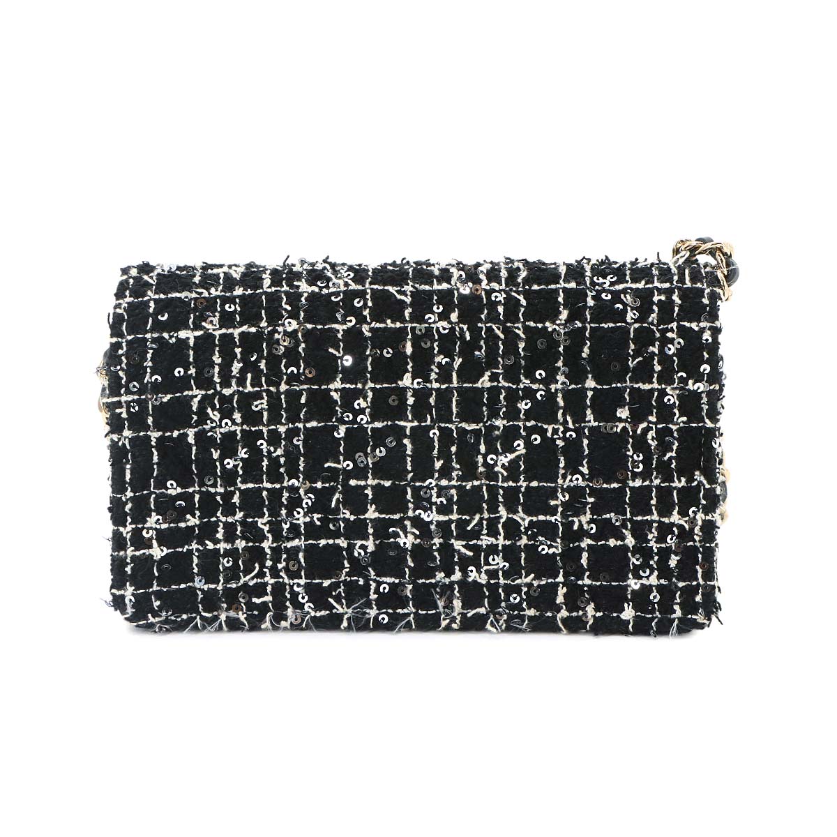 Matelasse Chain Wallet Tweed Leather Sequin Black White