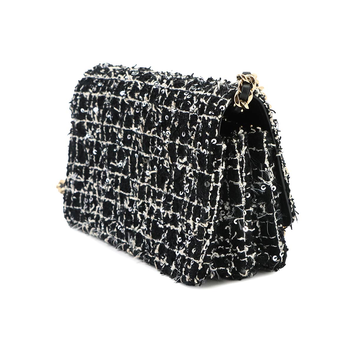 Matelasse Chain Wallet Tweed Leather Sequin Black White