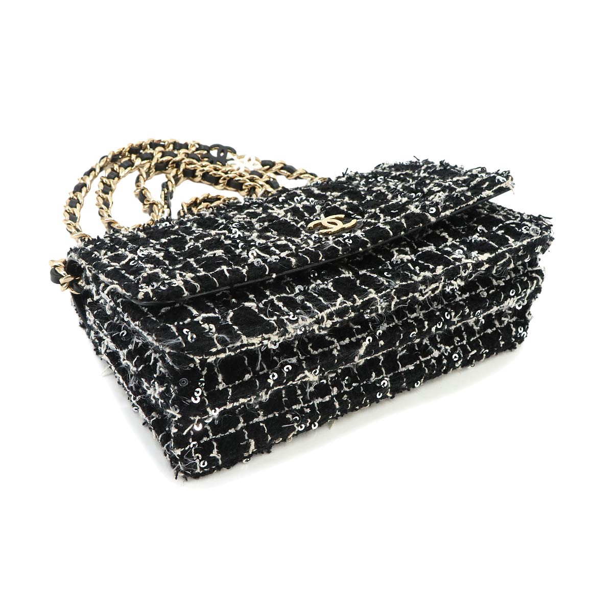 Matelasse Chain Wallet Tweed Leather Sequin Black White
