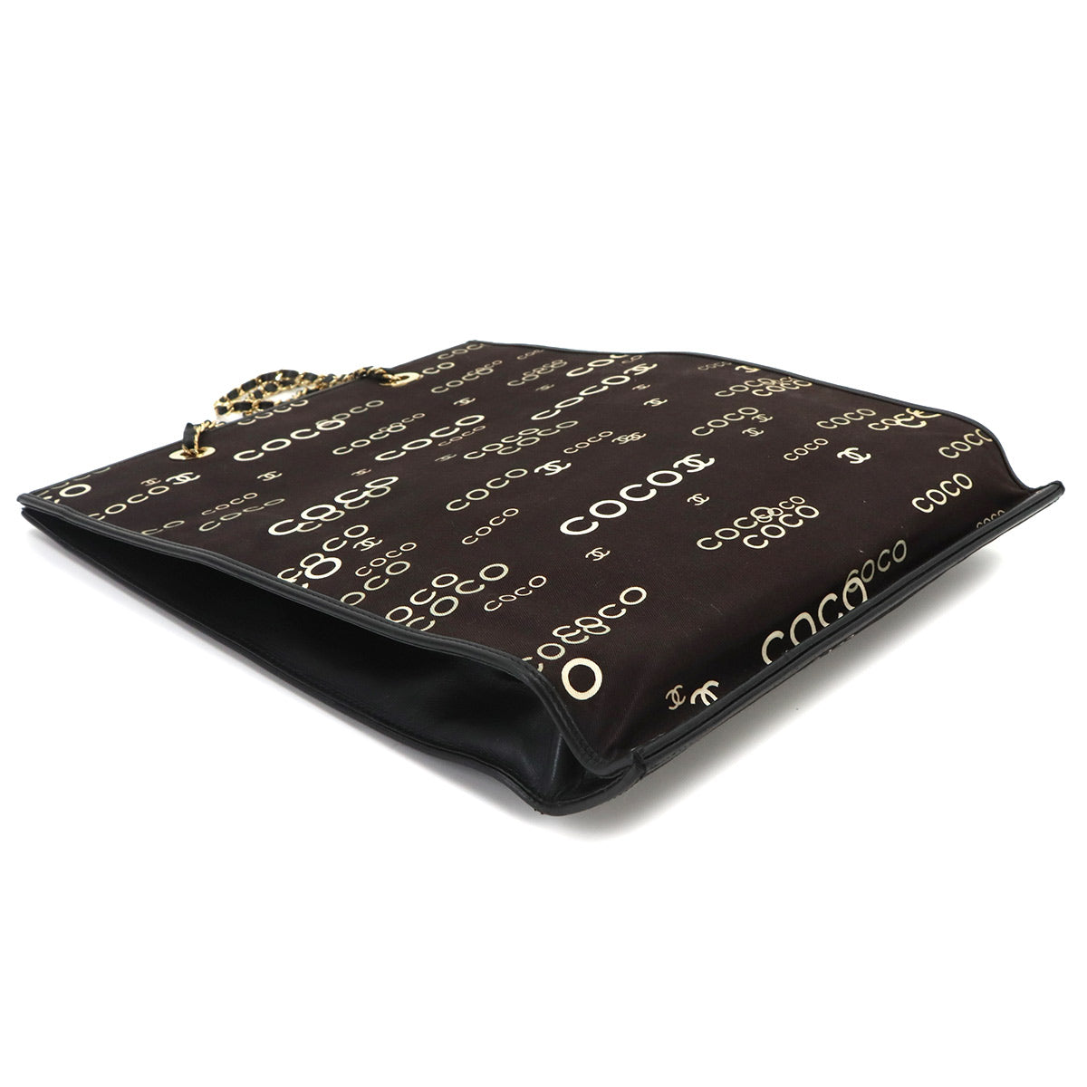 Coco Logos Chain Tote Bag Canvas Leather Black White Vintage