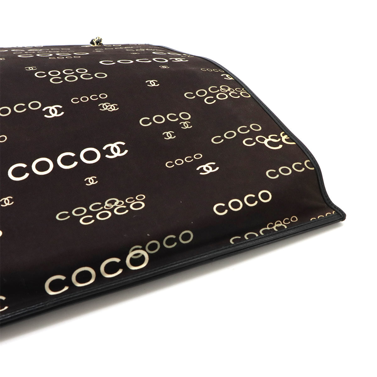 Coco Logos Chain Tote Bag Canvas Leather Black White Vintage