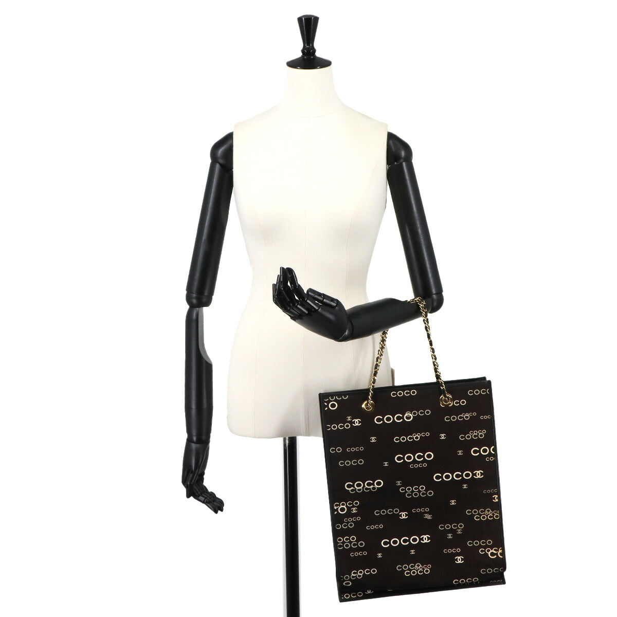 Coco Logos Chain Tote Bag Canvas Leather Black White Vintage
