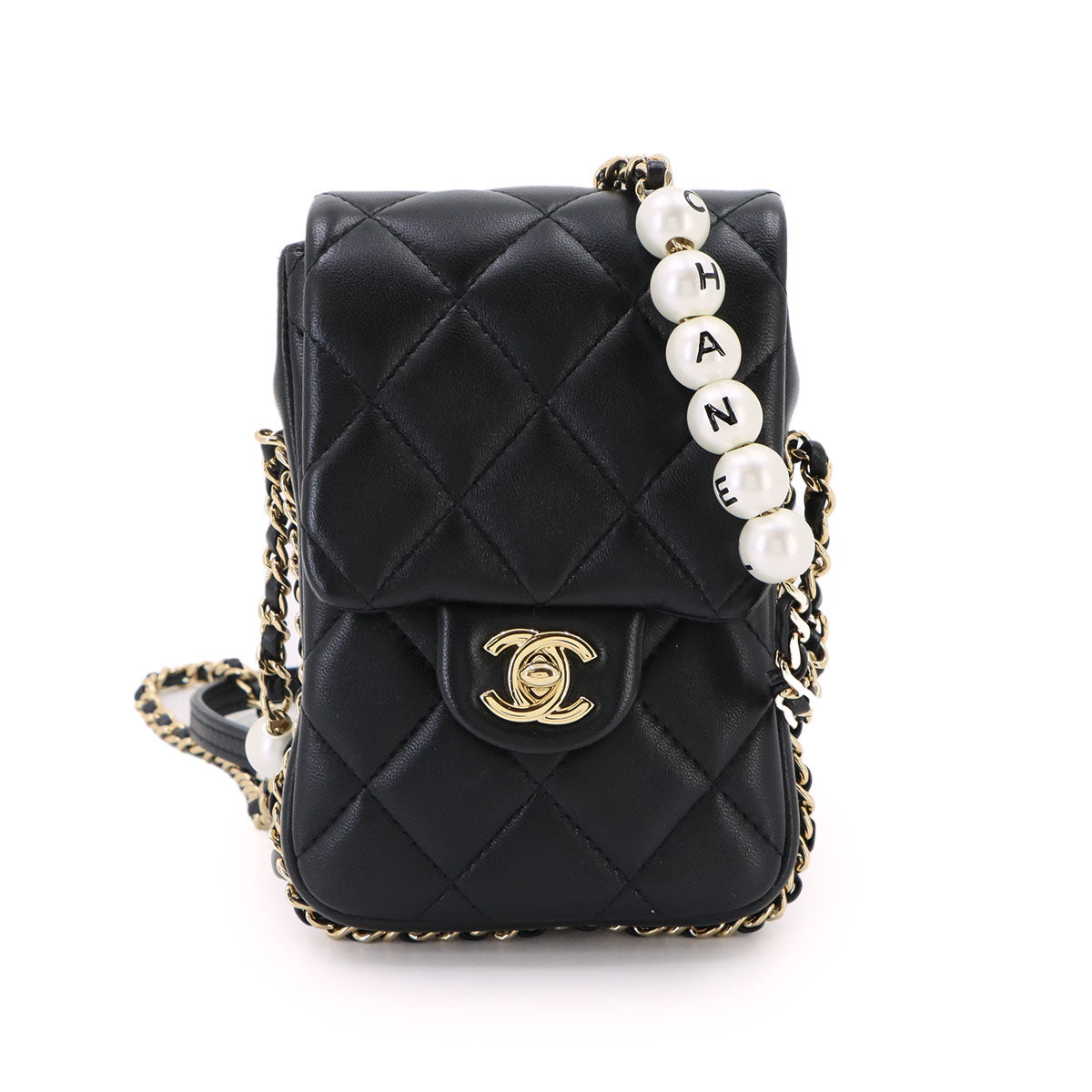 Matelasse Mobile Phone Case Chain Shoulder Bag Leather Black