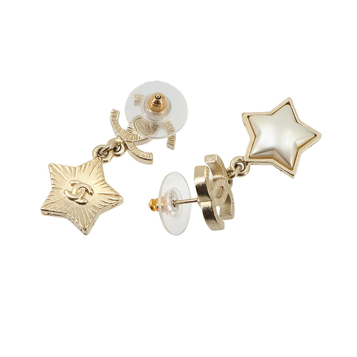 CC Logos Star Swing Pierced Earrings Faux Pearl Gold White A17B