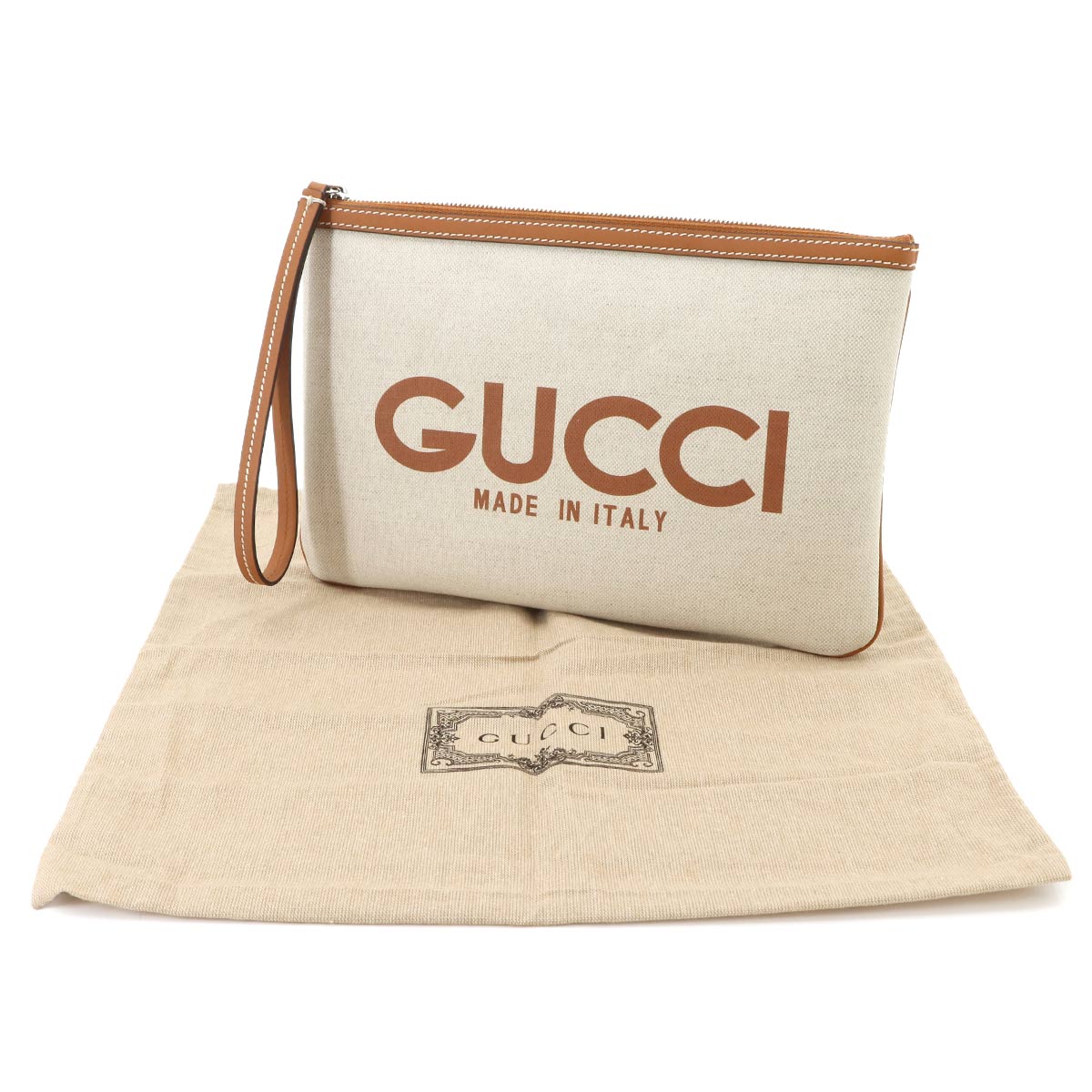 Clutch Bag Canvas Leather Beige Brown 777165 Purse