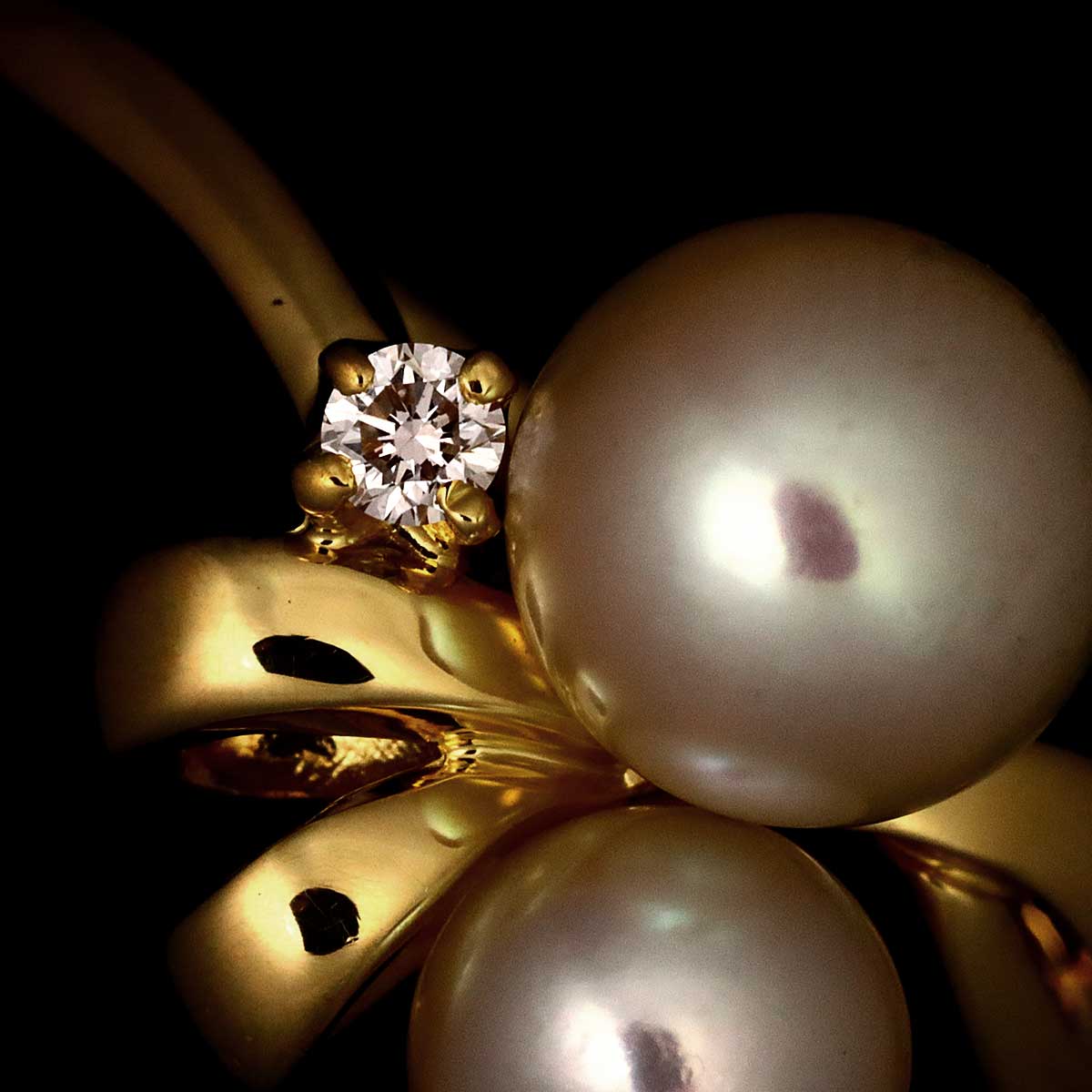 Akoya Pearl 5.6-4.6mm Diamond Ring 18K YG 750 Size4.75-5(US)