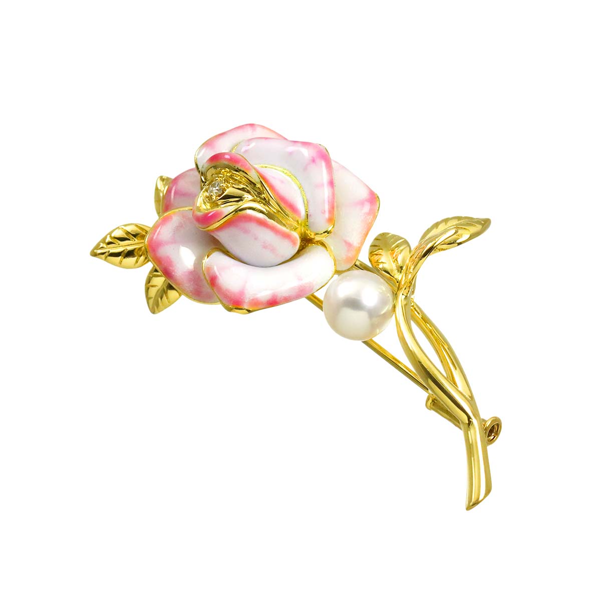 Enamel Akoya Pearl 7.2mm Diamond Brooch 18K YG 750