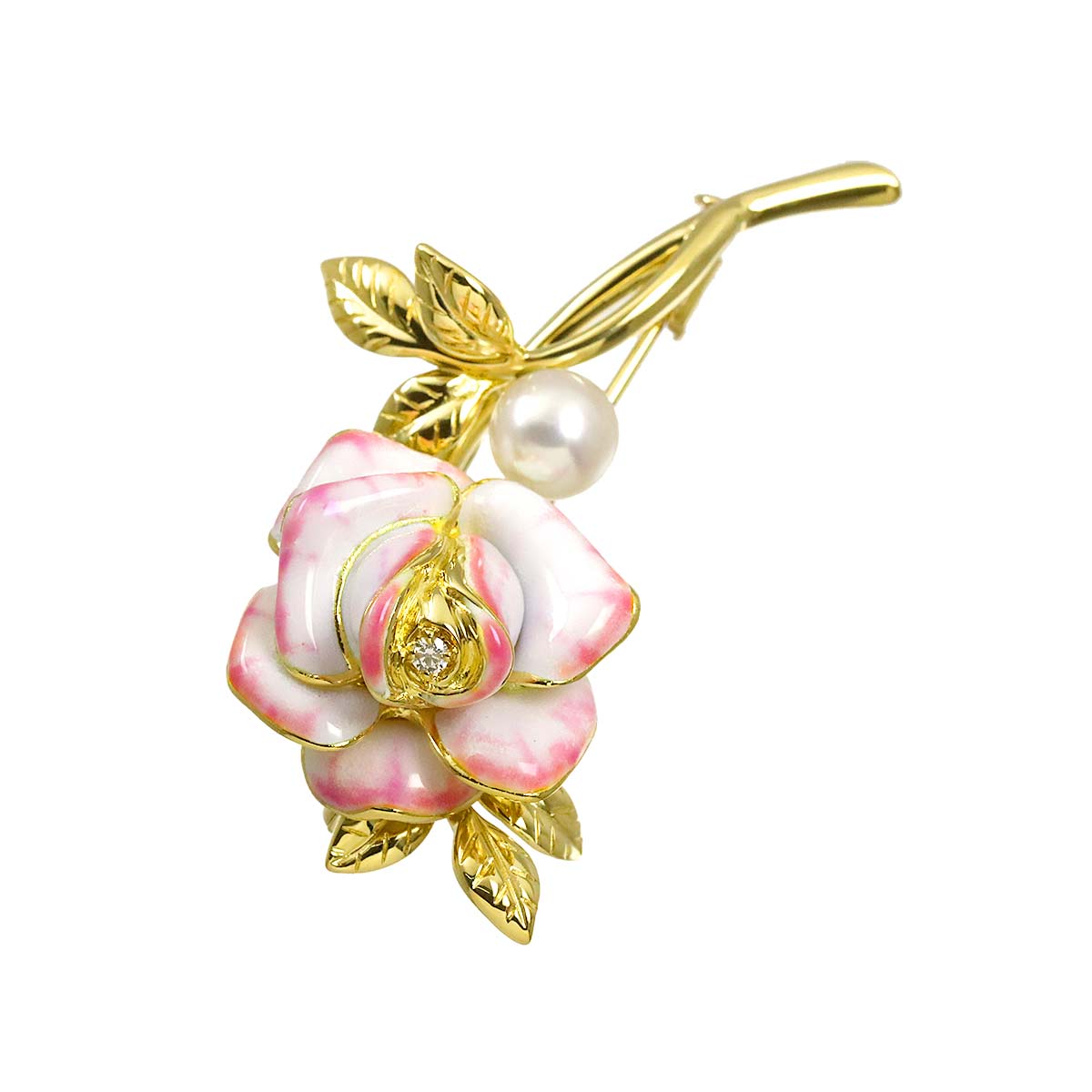 Enamel Akoya Pearl 7.2mm Diamond Brooch 18K YG 750