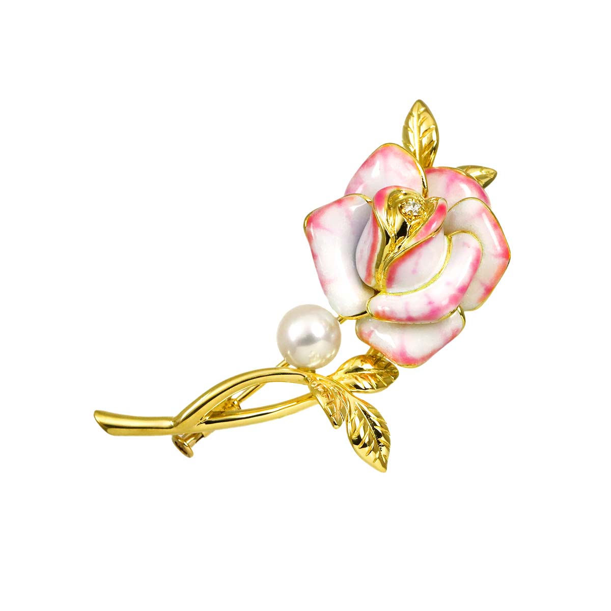 Enamel Akoya Pearl 7.2mm Diamond Brooch 18K YG 750