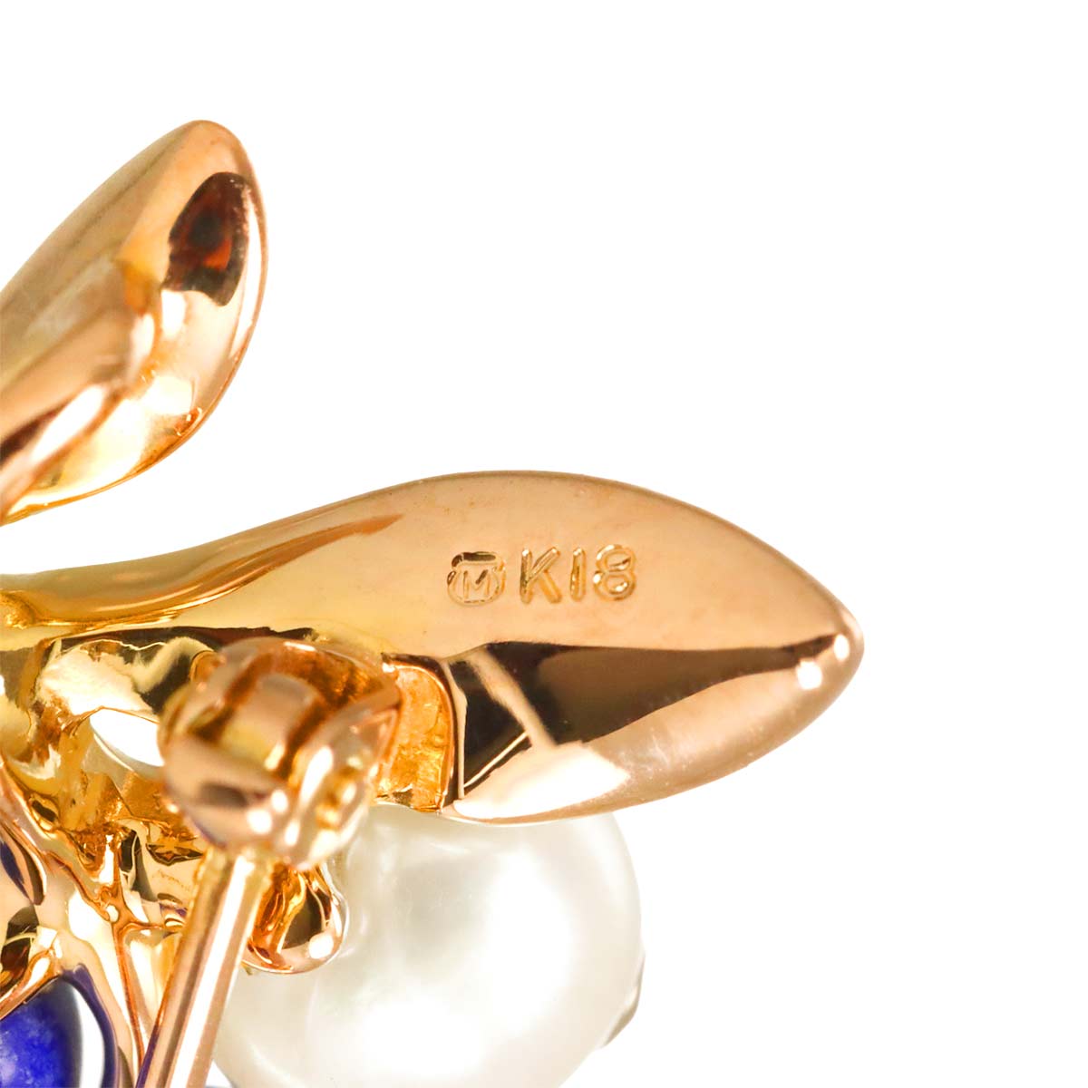 Freshwater pearl Lapis Lazuli Brooch 18K Yellow Gold 750