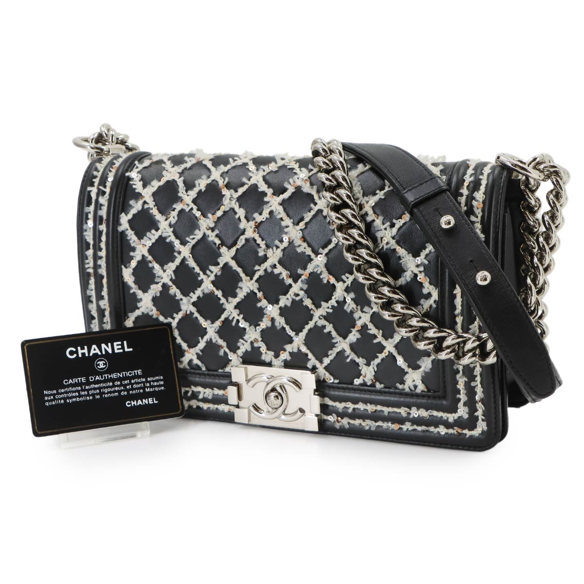 Boy Chanel Small Chain Shoulder Leather Black White Sequin