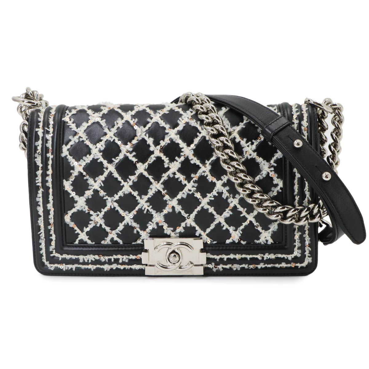 Boy Chanel Small Chain Shoulder Leather Black White Sequin