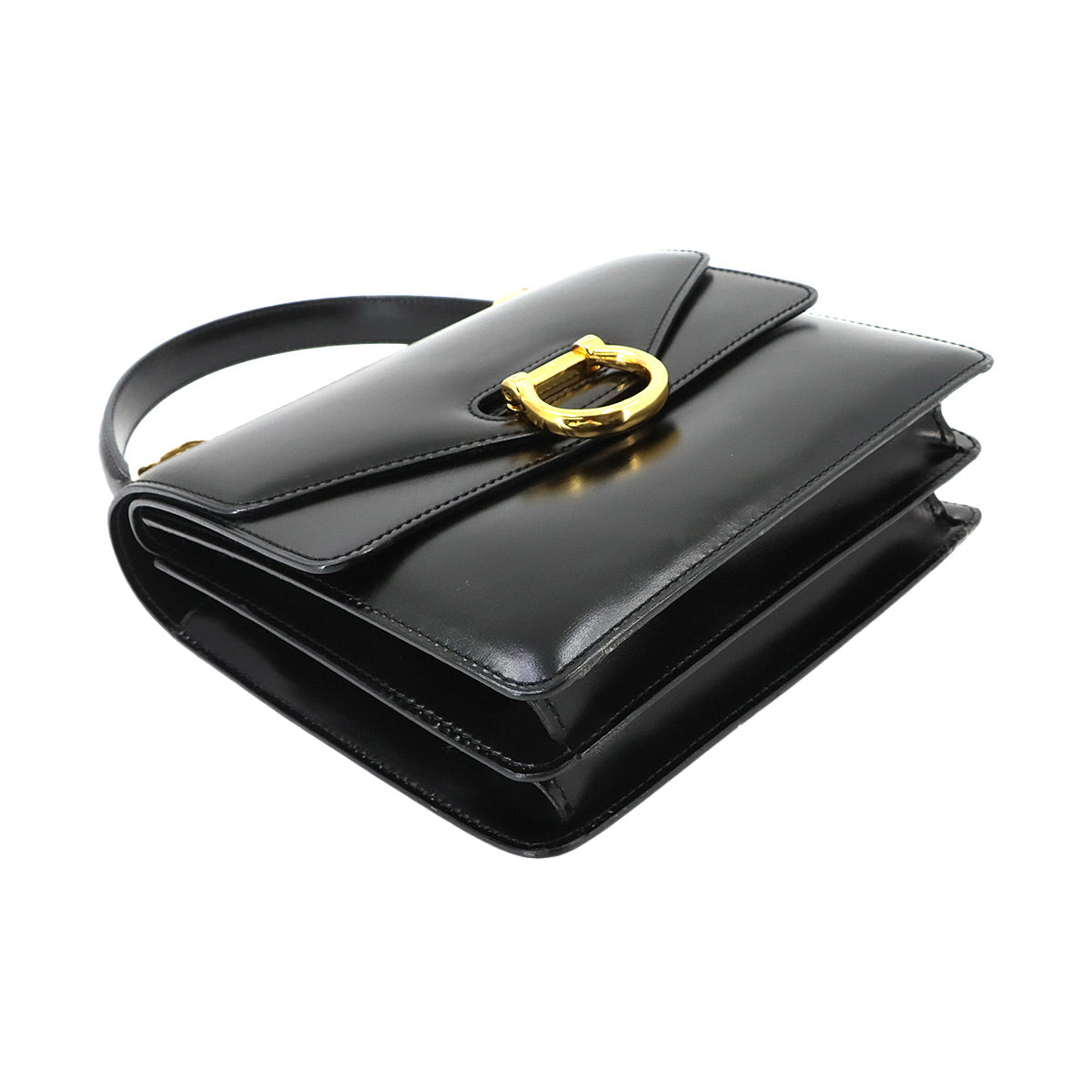 W Flap Hand Bag Leather Black Vintage Purse