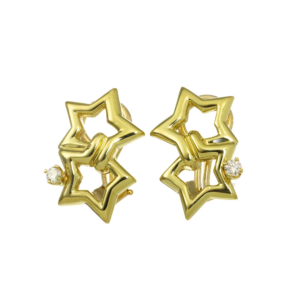 Double Star Diamond Earrings Clip on 18K Yellow Gold 750