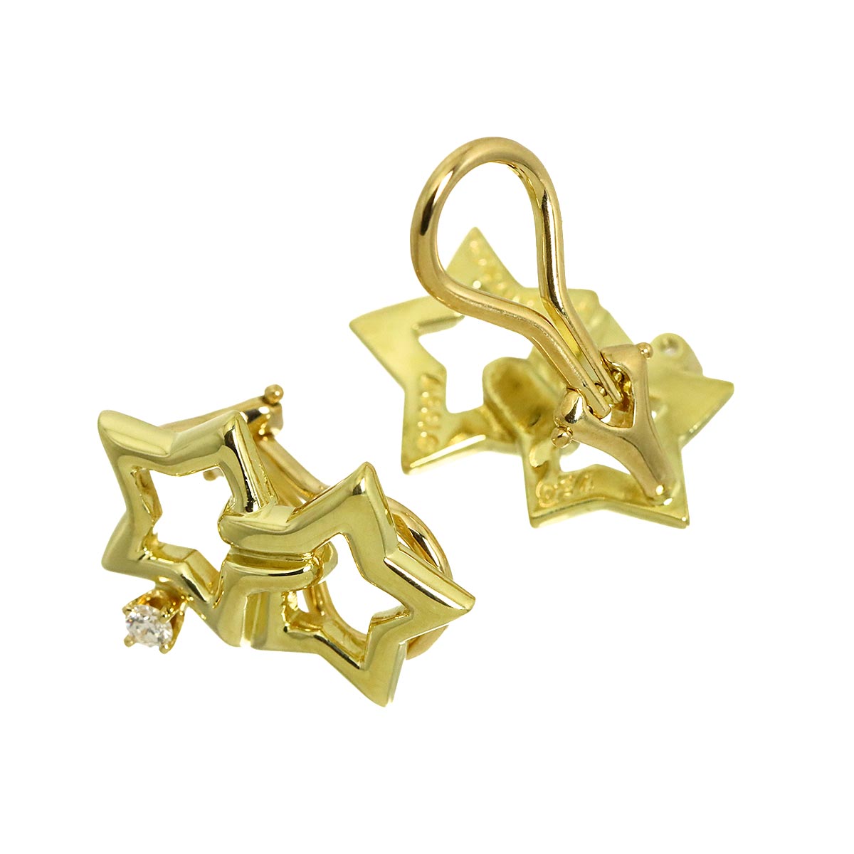 Double Star Diamond Earrings Clip on 18K Yellow Gold 750