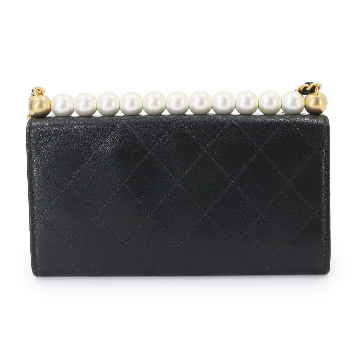 Matelasse Chain Wallet Pearl motif Leather Black AP1001 Purse
