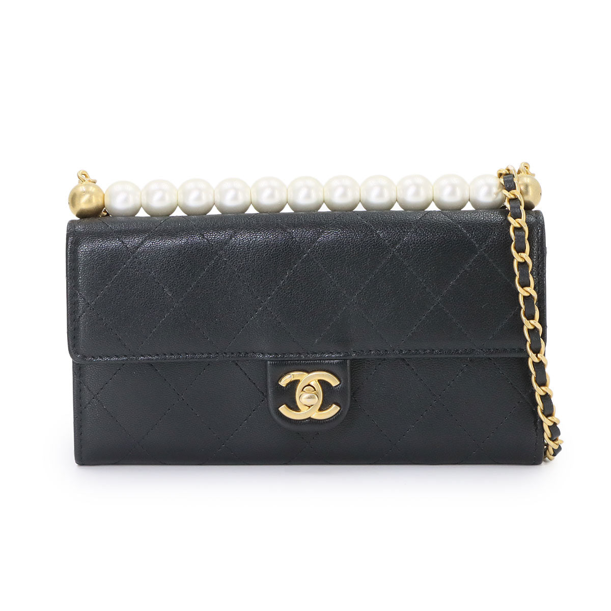 Matelasse Chain Wallet Pearl motif Leather Black AP1001 Purse