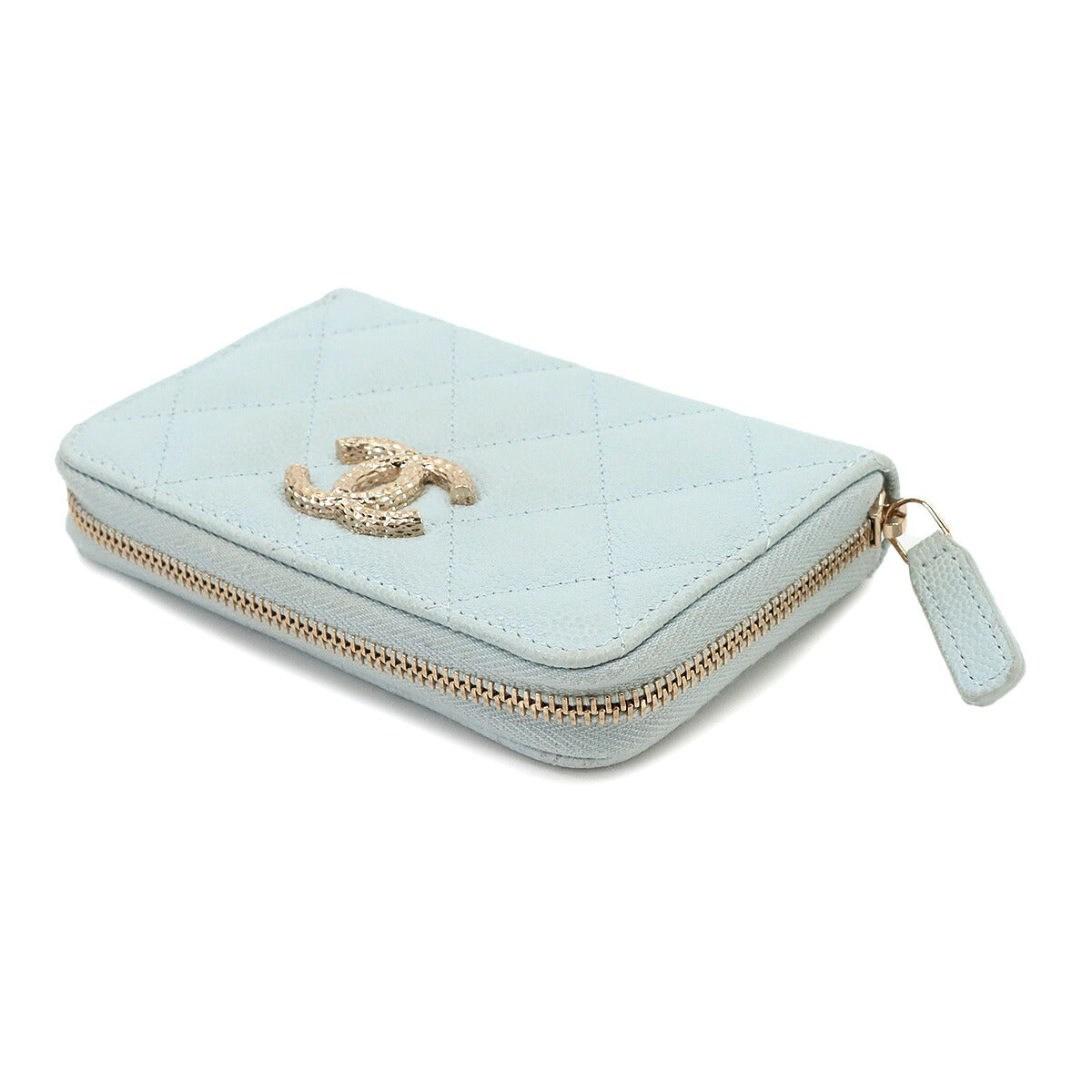 Matelasse Coin Case Purse Leather Light blue Coco Mark