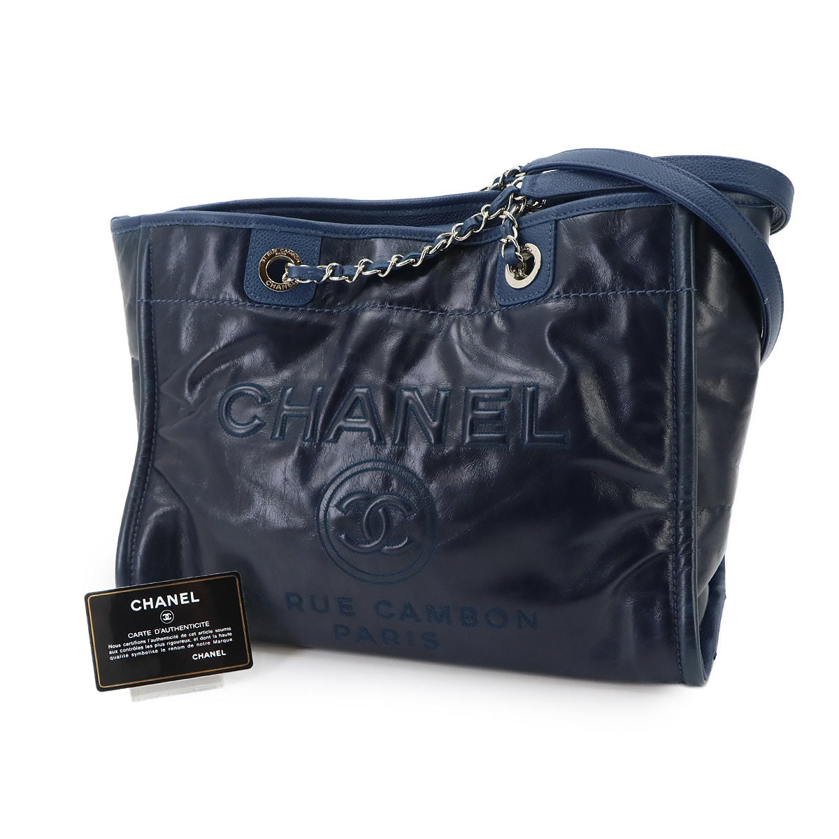 Deauville Chain Tote Bag Leather Navy A93257 Purse