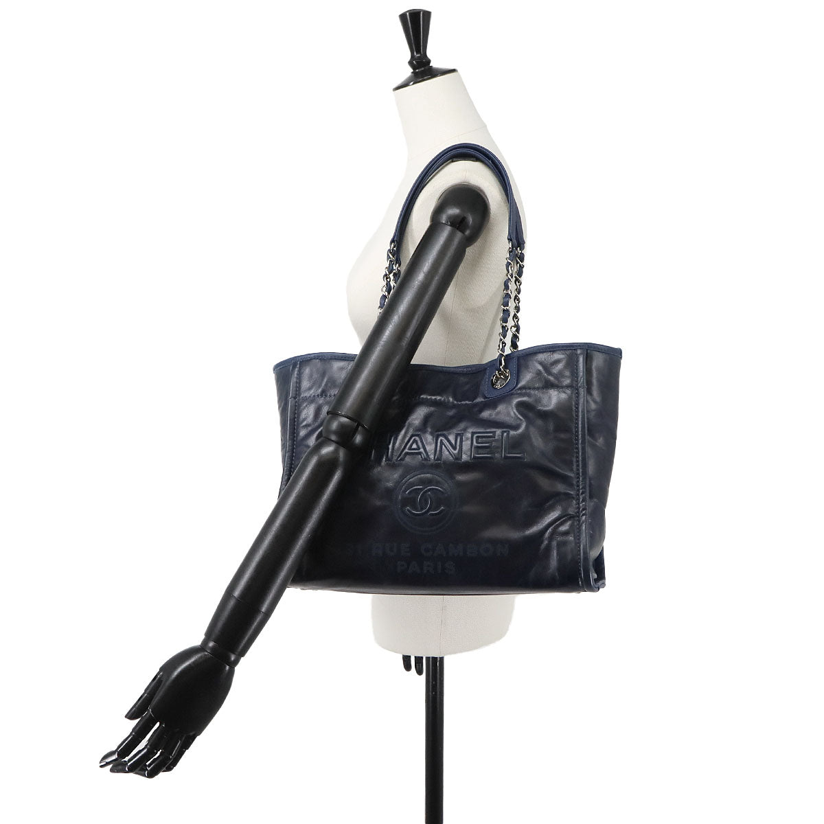 Deauville Chain Tote Bag Leather Navy A93257 Purse