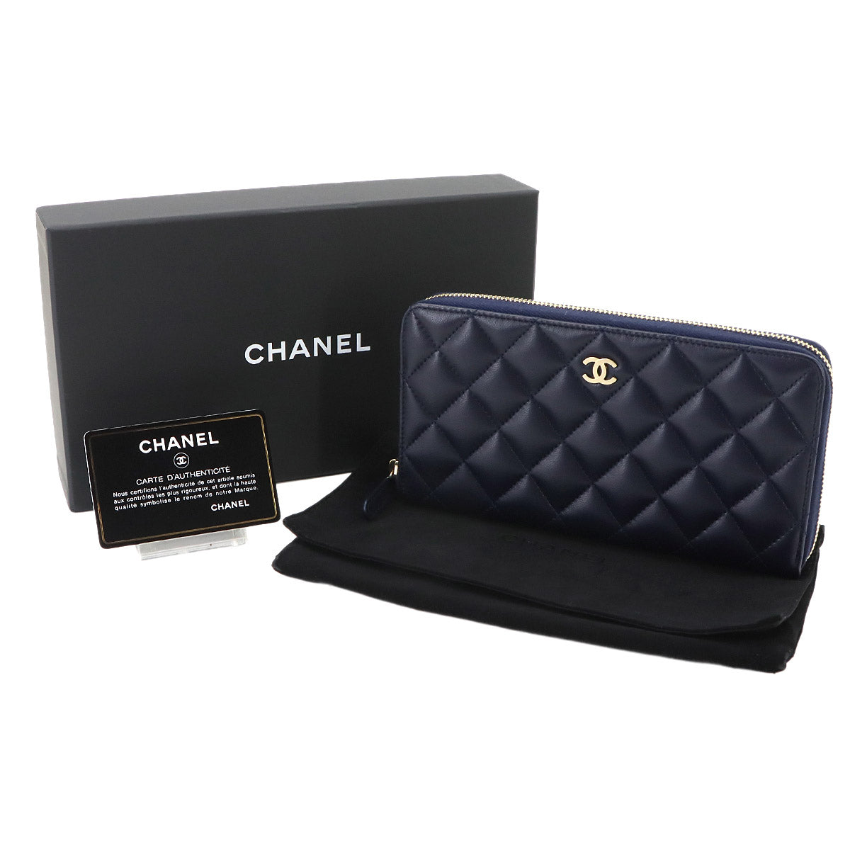 Matelasse Classic Long Zipped Wallet Leather Navy Purse