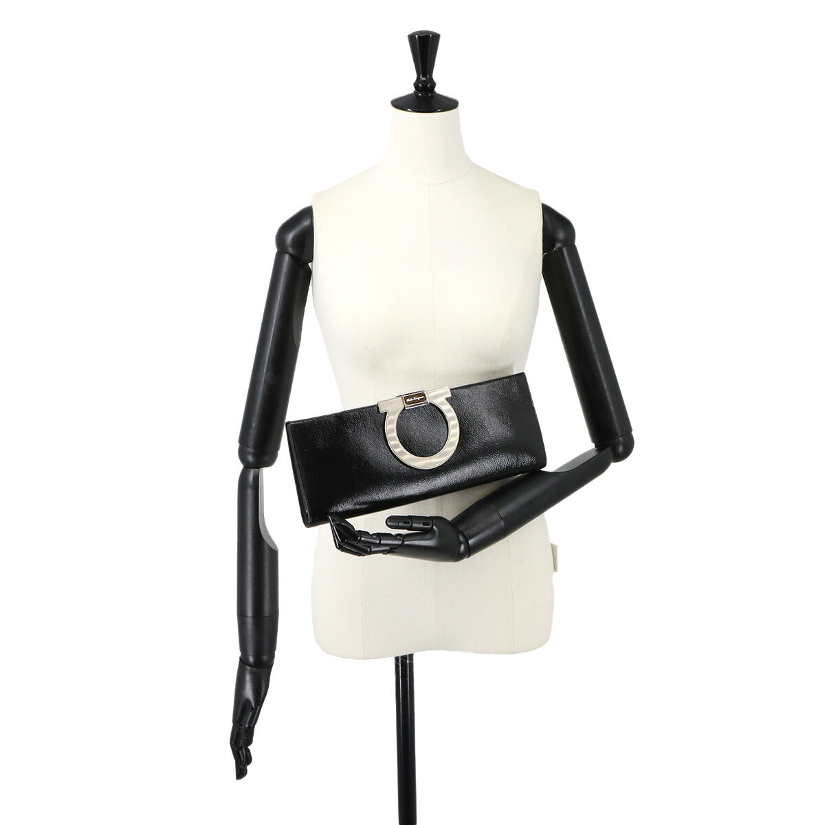 Gancini Chain Clutch Bag Leather Black 21 8459
