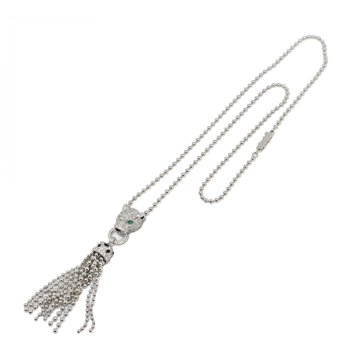 Cartier Panther Diamond Emerald Onyx Necklace 18K White Gold 750