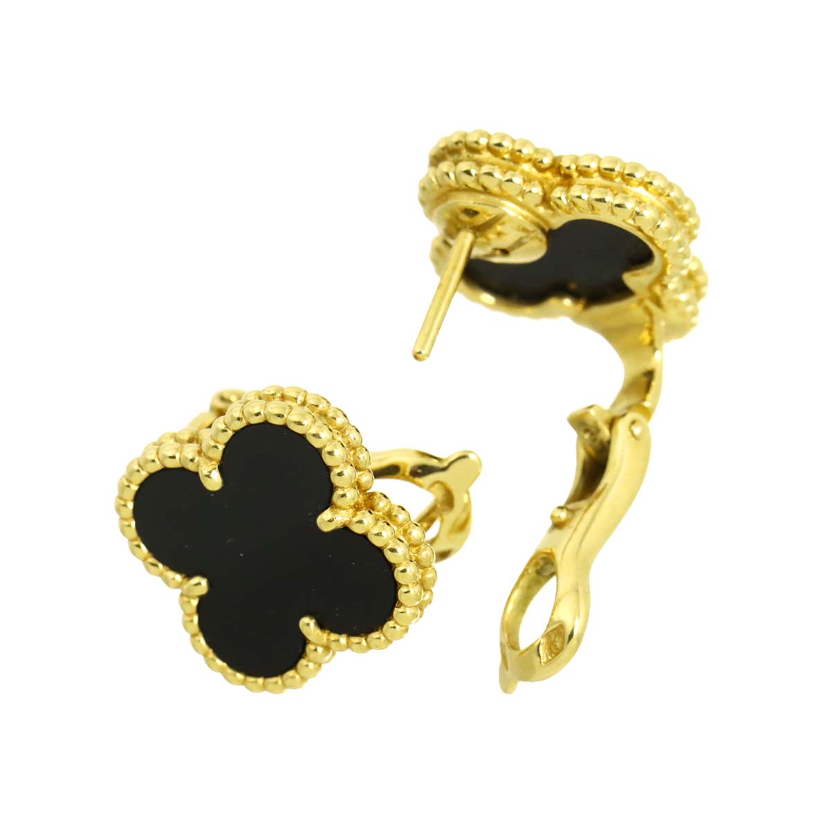 Vintage Alhambra Onyx Earrings Pierced 18K YG 750