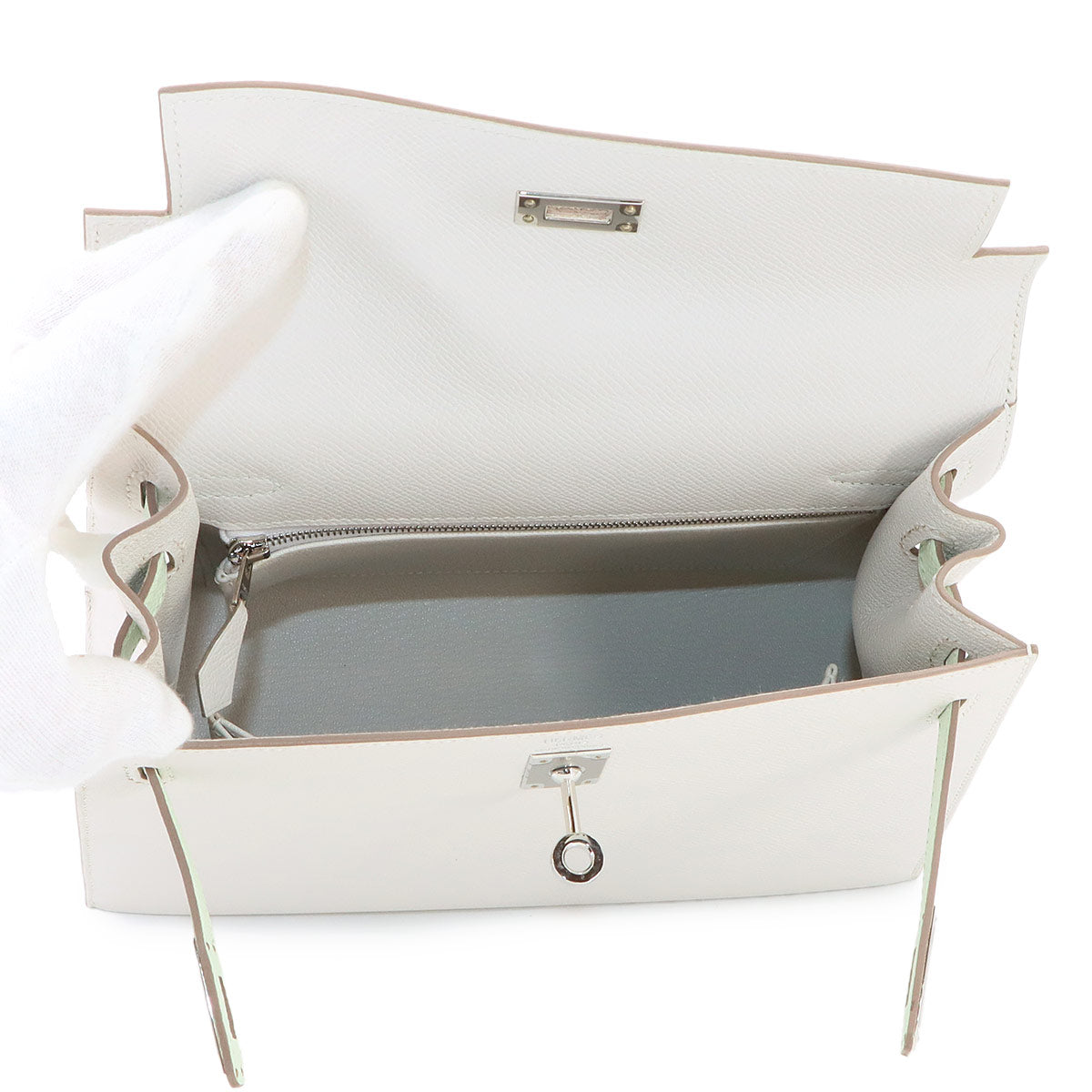Kelly 25 2way Hand Shoulder Bag Veau Epsom Gris Perle Vert Fizz