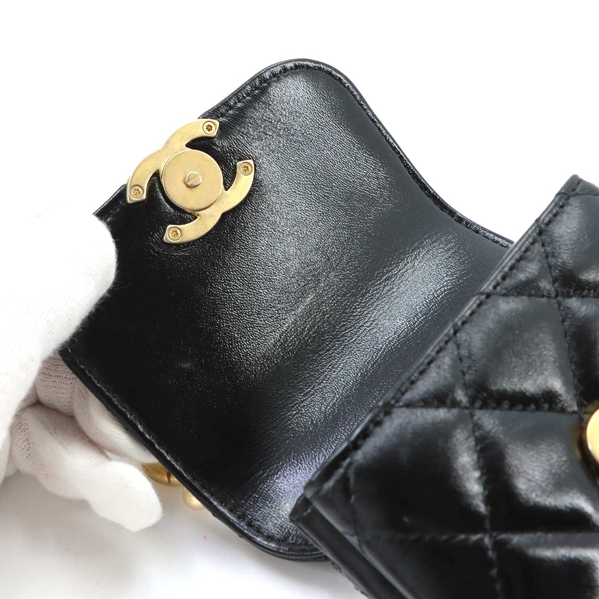 Matelasse Mini Bag Charm Pouch Leather Black Purse