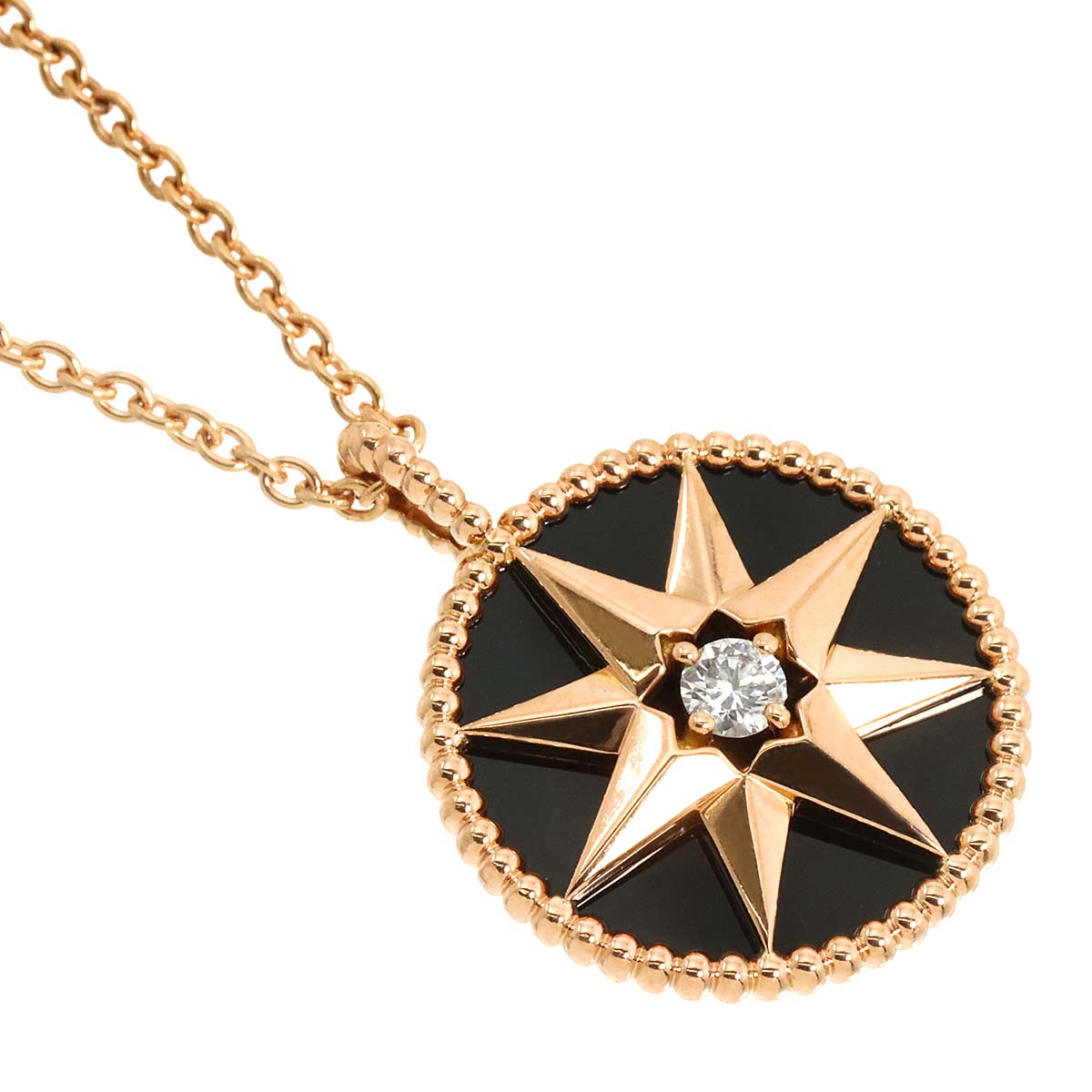 Rose des Vents Onyx Diamond 0.15ct Necklace 18K PG 750