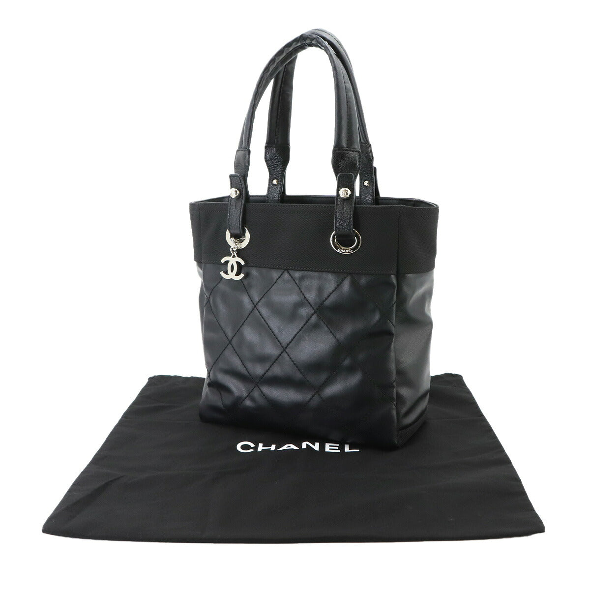 Paris Biarritz PM Tote Bag PVC Nylon Leather Black A34208 Purse