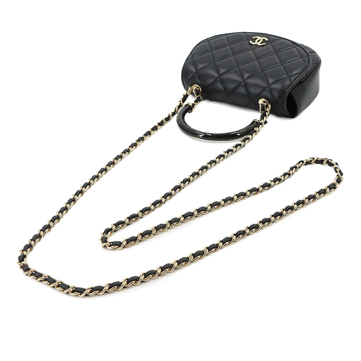 Matelasse Top Handle Hand Chain Shoulder Bag Leather Black