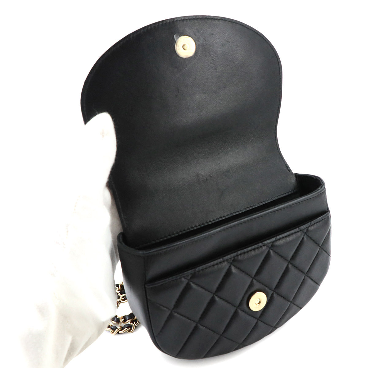 Matelasse Top Handle Hand Chain Shoulder Bag Leather Black