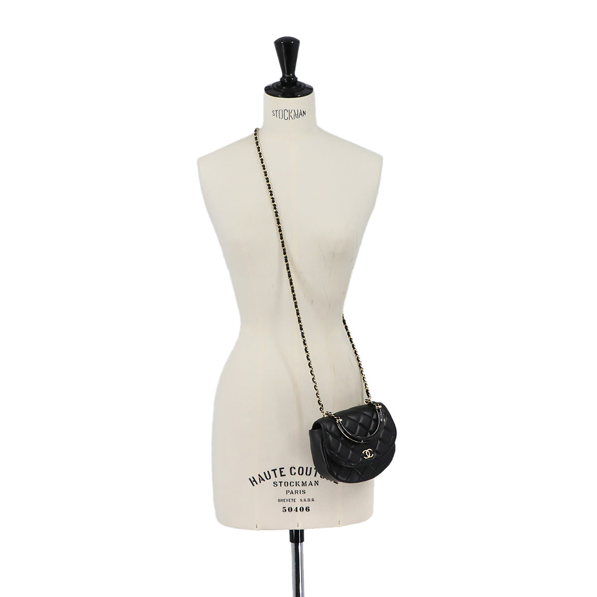 Matelasse Top Handle Hand Chain Shoulder Bag Leather Black