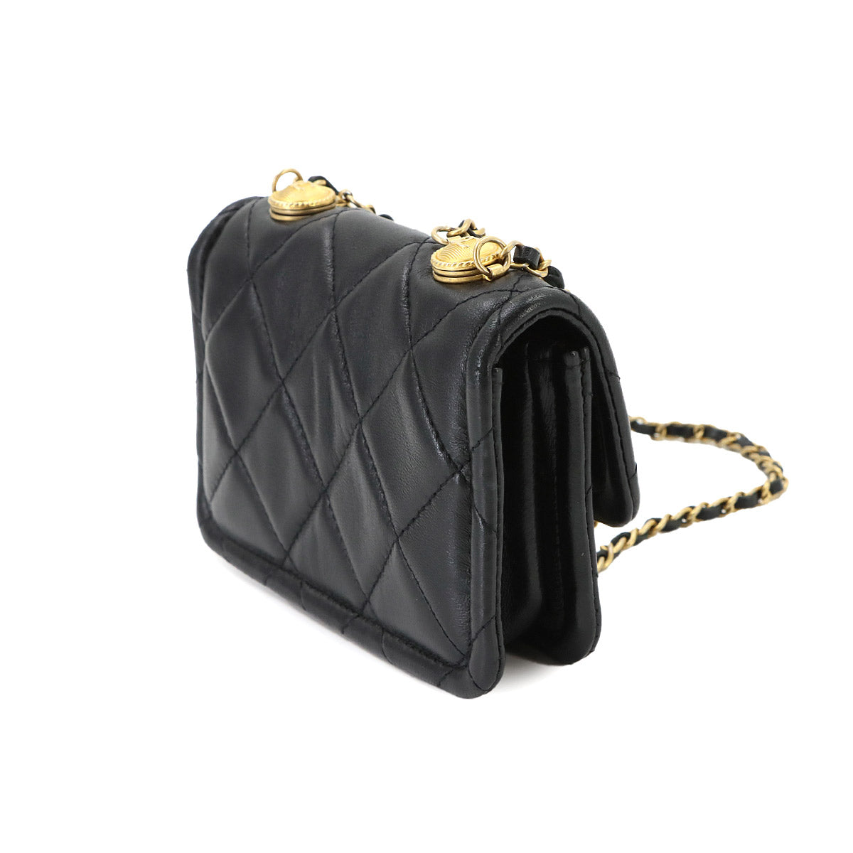 Mini Matelasse Chain Hand Shoulder Bag Leather Black Purse