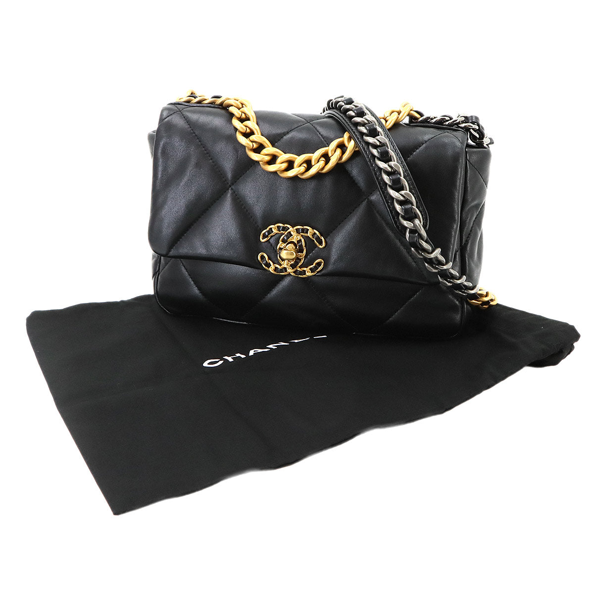 CHANEL 19 Chain Hand Shoulder Bag Leather Black AS1160