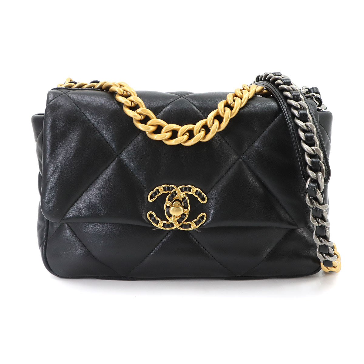 CHANEL 19 Chain Hand Shoulder Bag Leather Black AS1160