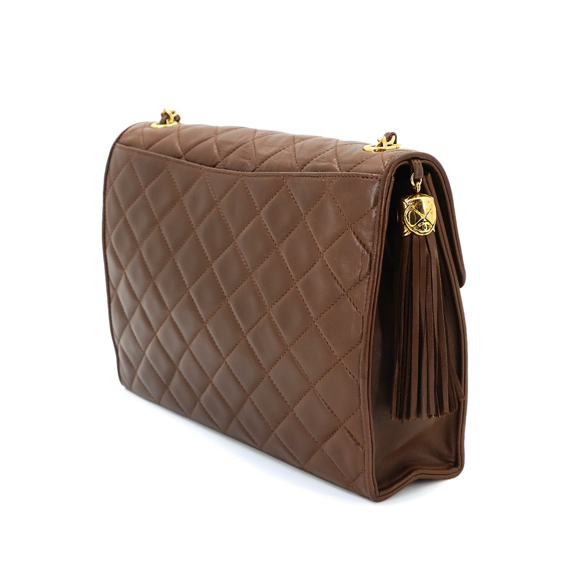 Matelasse Chain Shoulder Bag Fringe Leather Brown Vintage