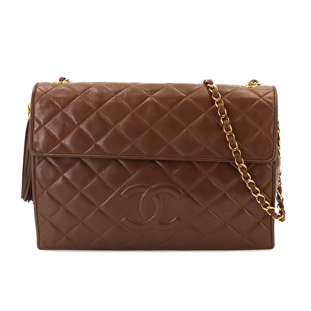 Matelasse Chain Shoulder Bag Fringe Leather Brown Vintage