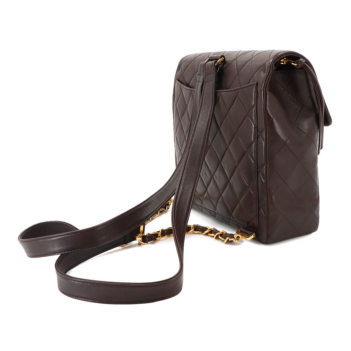 Matelasse Chain Backpack Leather Brown Purse Vintage