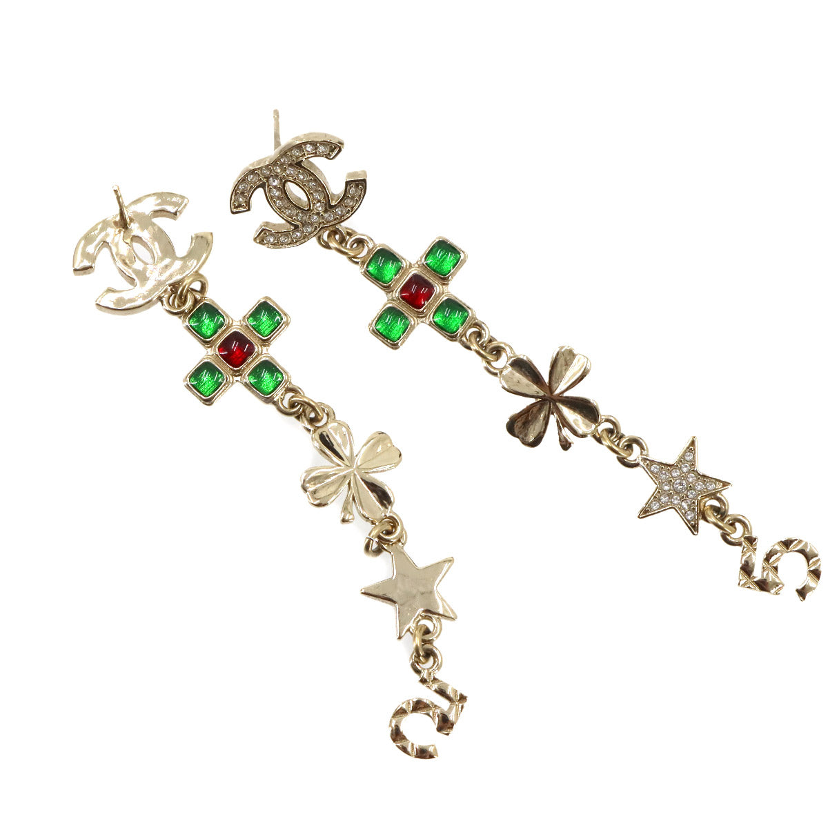 CC Logos Clover Star Swing Pierced Earrings Light Gold Green