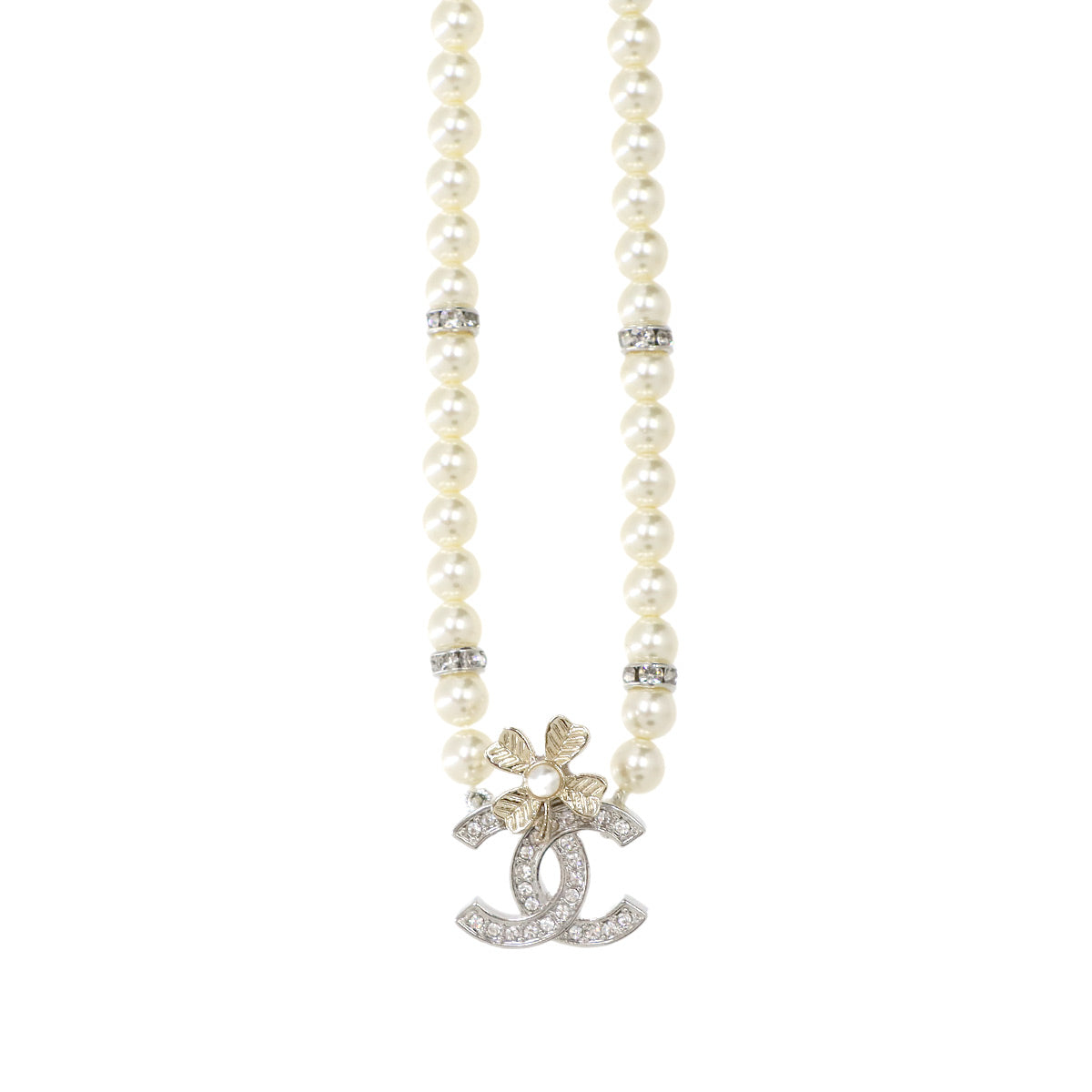 Faux Pearl Rhinestone Necklace White B24K Coco Logos Accessory