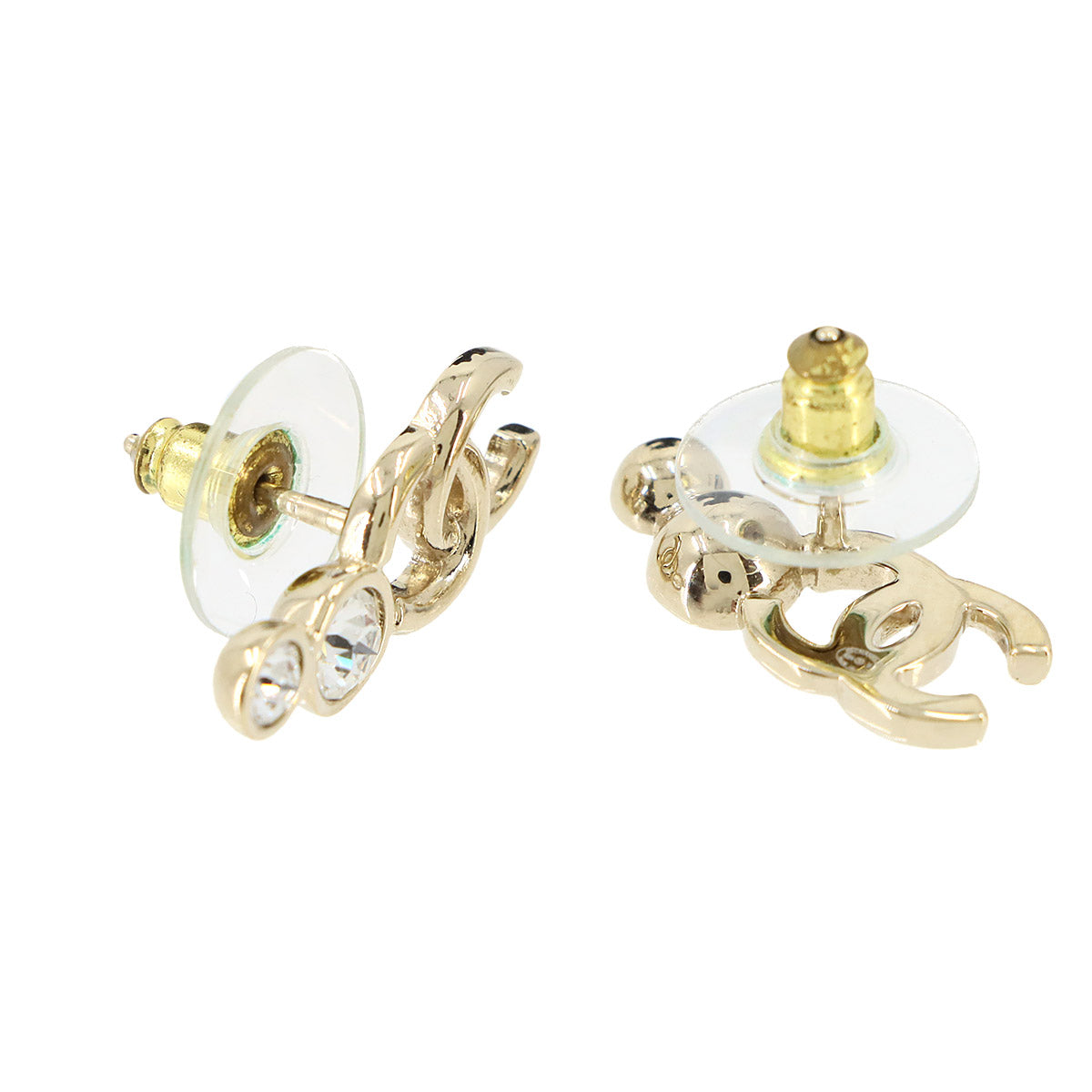 CC Logos Rhinestone Pierced Earrings Light Gold Clear