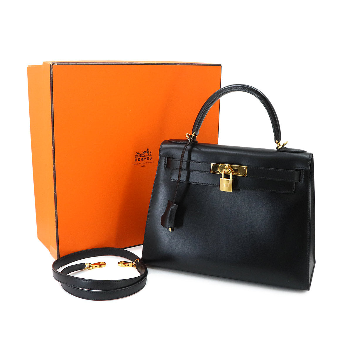 Kelly 28 Box Calf Black 2way Hand Shoulder Bag Purse