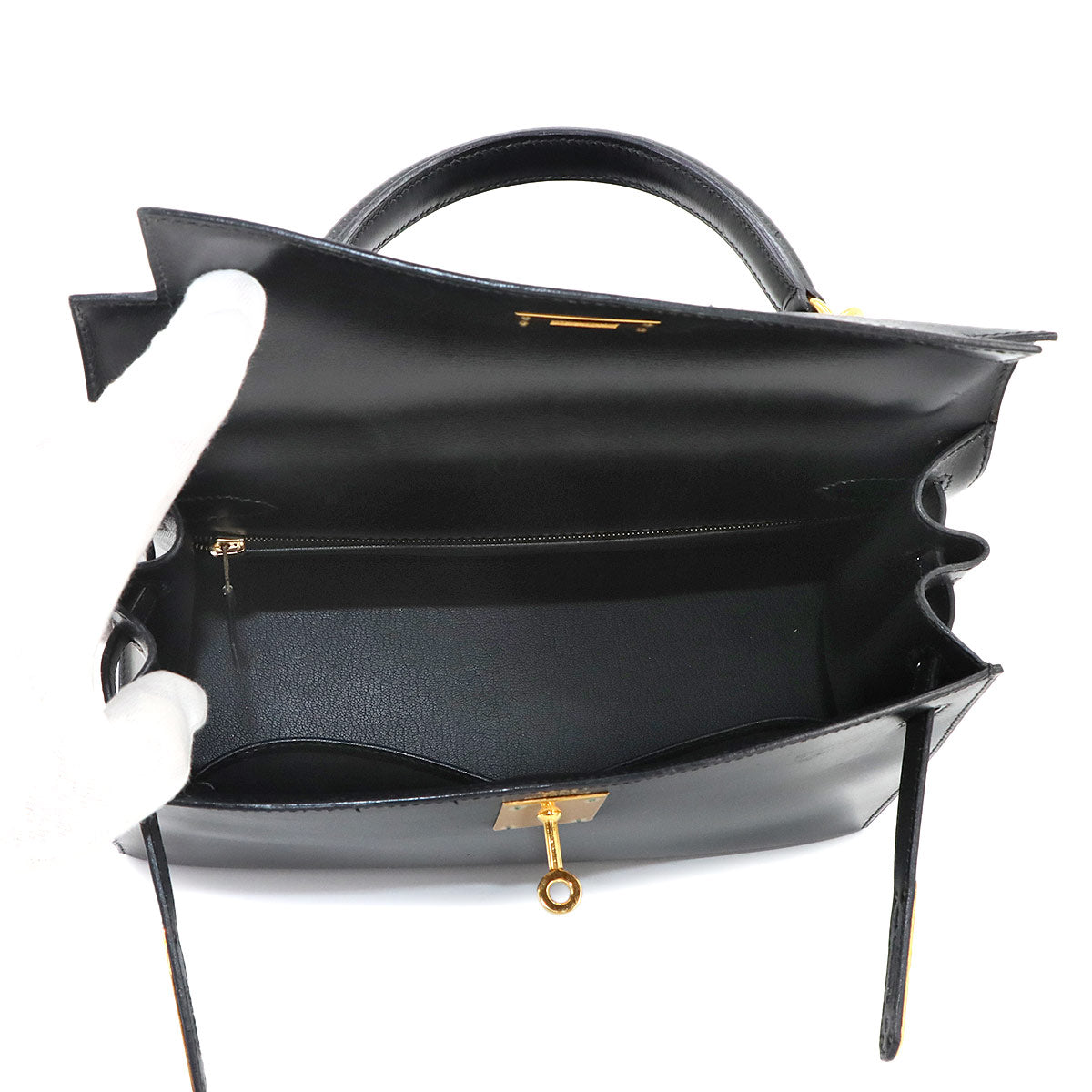 Kelly 28 Box Calf Black 2way Hand Shoulder Bag Purse