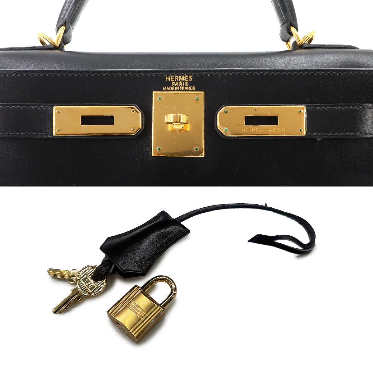 Kelly 28 Box Calf Black 2way Hand Shoulder Bag Purse